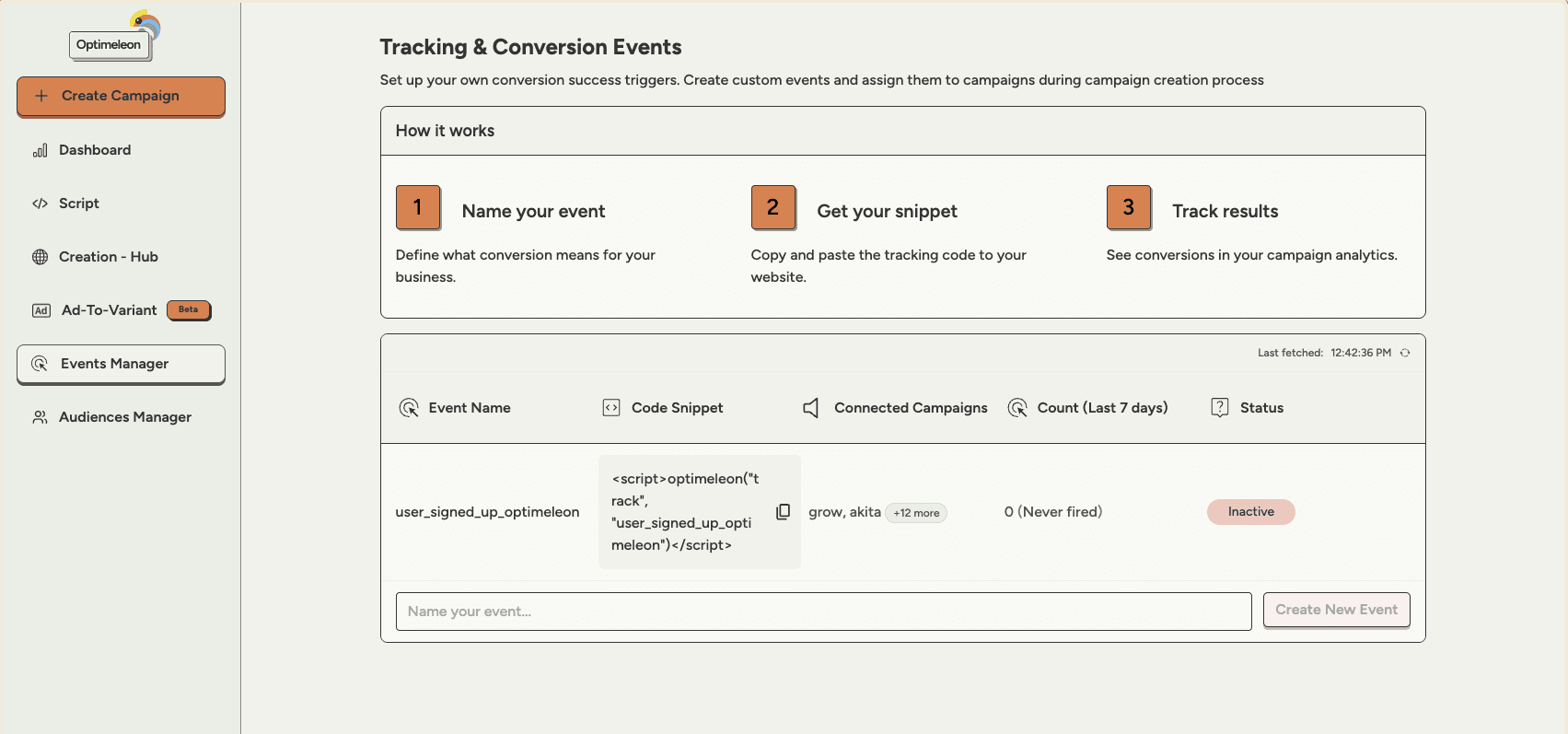 The Optimeleon Events Manager, listing created events and their code snippets.